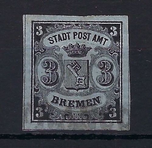 C) Bremen Mi 1x ° voll- breitrandiges Stück, sig. Richter, ME 350€