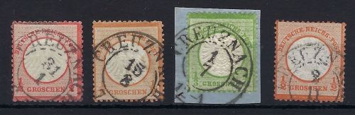 DR Mi 3, 14, 17a, 18 mit Preußen Stempel Creuznach, Nachverwendung