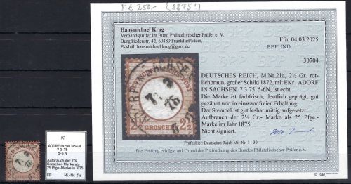 DR Mi 21a° mit Sachsen Stempel "Adorf in Sachsen", Nachverwendung