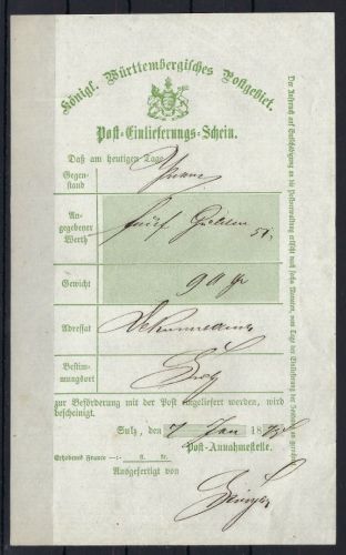 Württemberg Posteinlieferungsschein Sulz 187...