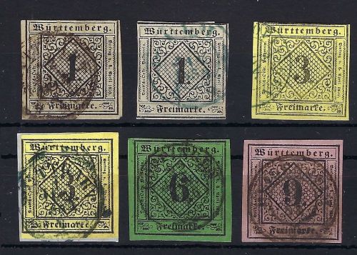 Württemberg Mi 1-4 °, Mi 1, 2 mit Farbvarianten, billigst ME 376€