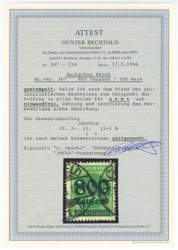 C) DR Mi 307 ° einwandfrei, FA Bechthold BPP, ME 2.000€
