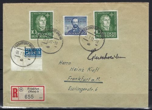 Bund Mi 149 (2), 150 R-Brief Ortsbrief Frankfurt a. Main, portoger.