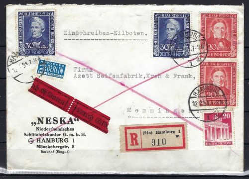 Bund Mi 119 (2), 120 (2), Bizone, E-Brief/Eilbote Hamburg n. Memmingen