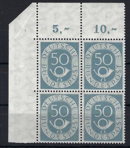 Bund Posthorn Mi 134 ** im Viererblock Eckrand OL ungefaltet