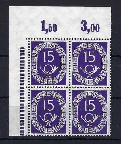 Bund Posthorn Mi 129 ** im Viererblock Eckrand OL ungefaltet