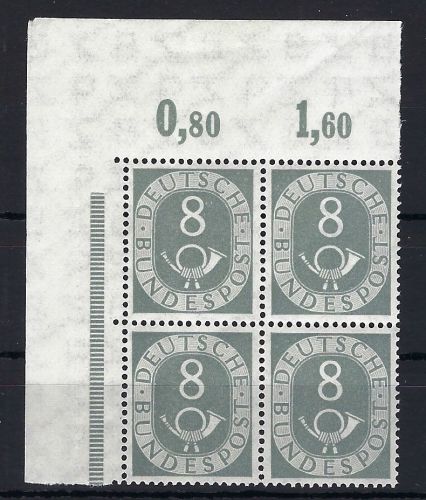 Bund Posthorn Mi 127 ** im Viererblock Eckrand OL ungefaltet