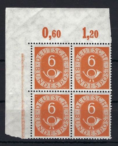 Bund Posthorn Mi 126 ** im Viererblock Eckrand OL ungefaltet