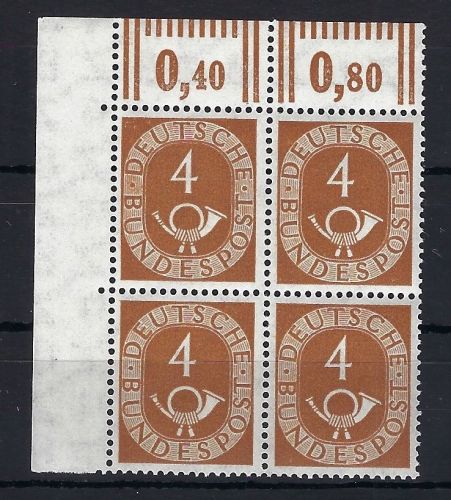 Bund Posthorn Mi 124 ** im Viererblock Eckrand OL ungefaltet