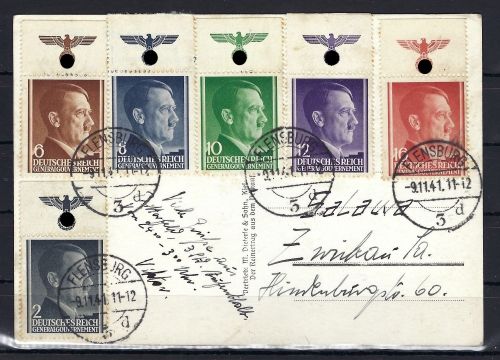 Generalgouvernement, 6 Hitler Werte mit Oberrand auf Postkarte