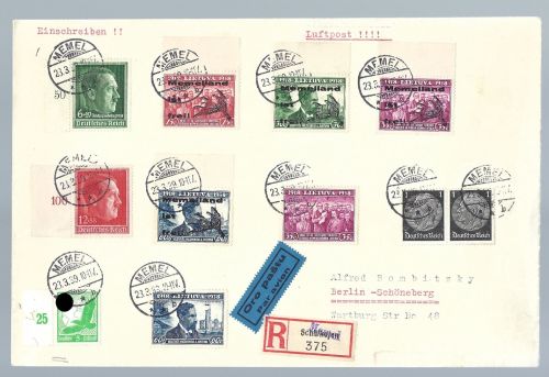 Memel Mi Mi I-IV / I mit OR und DR Zusatzfrankatur, R-Brief n. Berlin