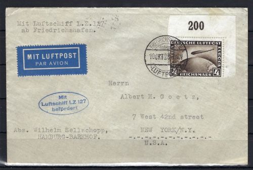 DR DR Mi 424 Eckrand OR, Auslandsbrief Friedrichshafen n. New York