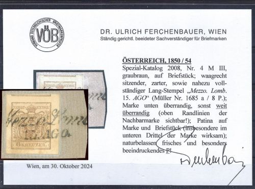 P) Österreich Mi 4 M III Briefstück, Fotobefund Dr. Ferchenbauer