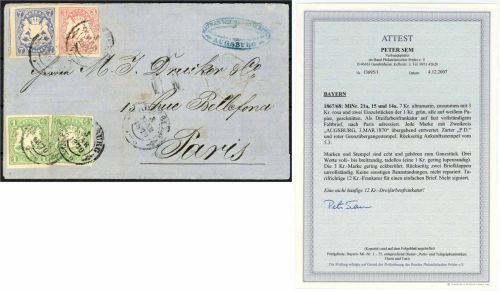 P) Bayern Mi 14a, 15, 21a Dreifarbenfrankatur, Auslandsbrief n. Frankreich