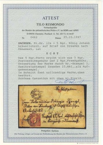 P) Sachen Mi 12a, EF Auslandsbrief Dressden n. Dänemark, FA Rismondo BPP