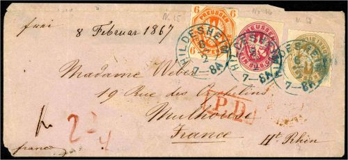 P) Preußen 1867, Mi 15, 16, 18 Dreifarbenfrankatur MiF Auslandsbrief