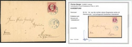 P) Hannover Mi 14 c Bogenecke OR mit RZ 1, EF Osnabrück n. Meppen