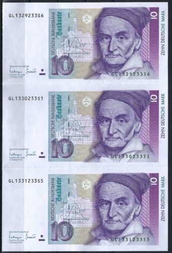 Bund 10 Mark Serie 1993, senk. 3er-Streifen bankfrisch