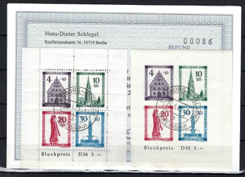 Baden Block 1 A/B °, Ersttag-Gefälligkeitstempel, Befund Schlegel BPP