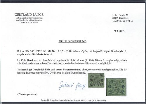 C) Braunschweig Mi 10 B (*) ohne Gummi, Befund Lange, ME 250€