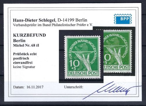 C) Berlin Plattenfehler, Mi 68 II ** einwandfrei, KB Schlegel BPP, ME 400€
