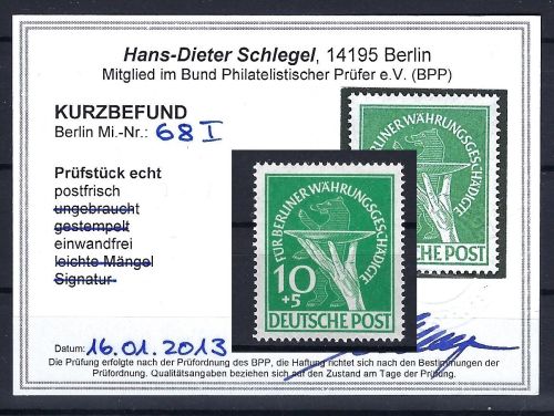 C) Berlin Plattenfehler, Mi 68 I ** einwandfrei, KB Schlegel BPP, ME 400€
