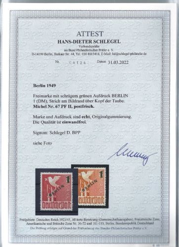C) Berlin Plattenfehler, Mi 67 I **, einwandfrei, FA Schlegel BPP, ME 1.200€