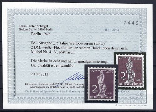 C) Berlin Plattenfehler Mi 41 V ** einwandfrei, Schlegel BPP, ME 400€