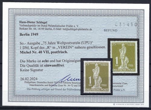 C) Berlin Plattenfehler Mi 40 VII ** einwandfrei, Schlegel BPP, ME _._