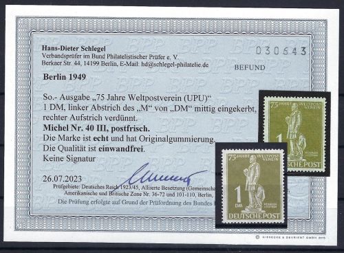 C) Berlin Plattenfehler Mi 40 III ** einwandfrei, Schlegel BPP, ME 800€