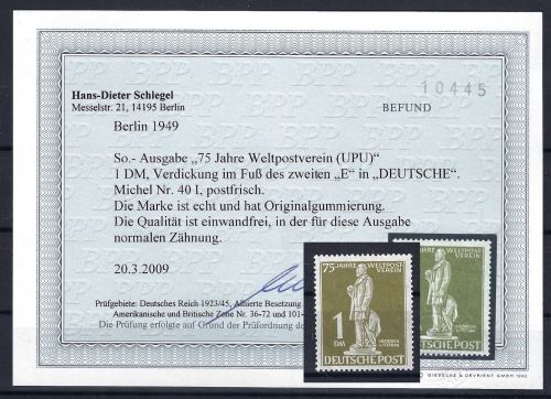 C) Berlin Plattenfehler Mi 40 I ** einwandfrei, Schlegel BPP, ME 450€