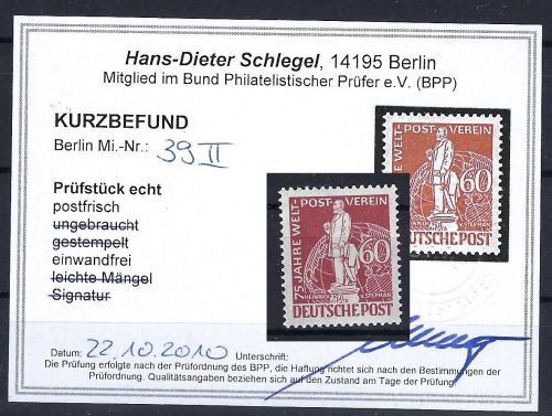 C) Berlin Plattenfehler Mi 39 II ** einwandfrei, Schlegel BPP, ME 650€