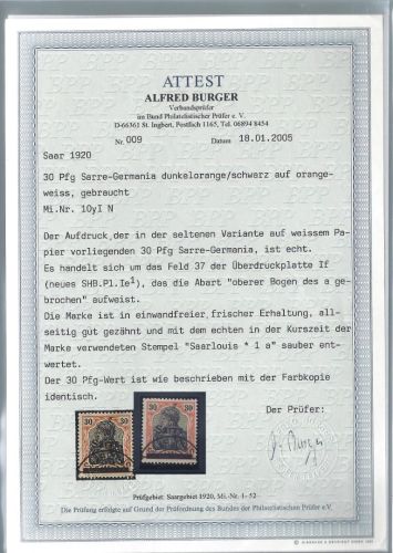 C) Saargebiet Mi 10 y I N ° (Abart), einwandfrei, FA Burger BPP