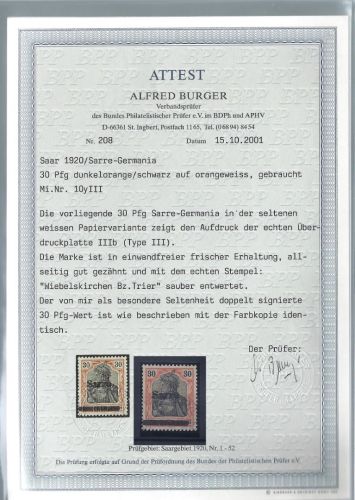 C) Saargebiet Mi 10 y III ° einwandfrei, FA Burger BPP, ME 600€