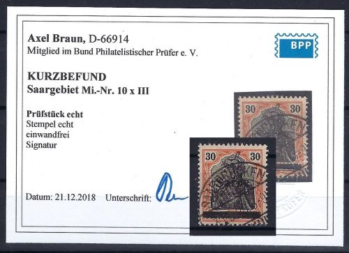 C) Saargebiet Mi 10 x III °, KB Braun BPP, ME 140€