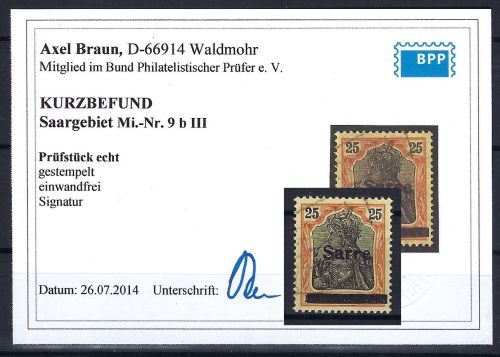 C) Saargebiet Mi 9 b III ° einwandfrei, KB Braun BPP, ME 150€