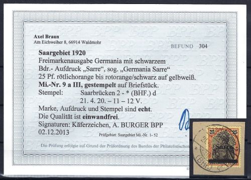 C) Saargebiet Mi 9 a III Luxus Briefstück, Befund Braun BPP, ME 420€