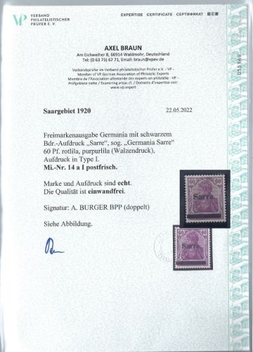 C) Saargebiet Mi 14 a I ** einwandfrei, Attest Braun VP, ME 750€