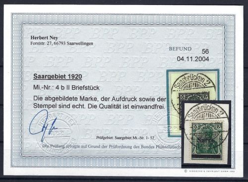 C) Saargebiet Mi 4 b II Luxus Briefstück, Befund Ney BPP, ME 180€