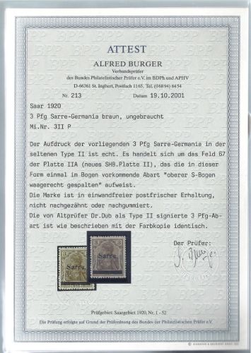 C) Saargebiet Mi 3 II P ** einwandfrei, FA Burger BPP, ME 800€