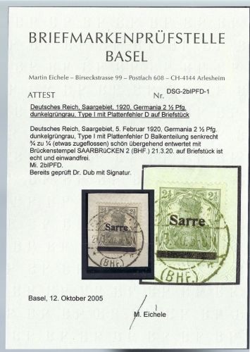 C) Saargebiet Mi 2 b I Luxus Briefstück, Attest Prüfstelle Basel