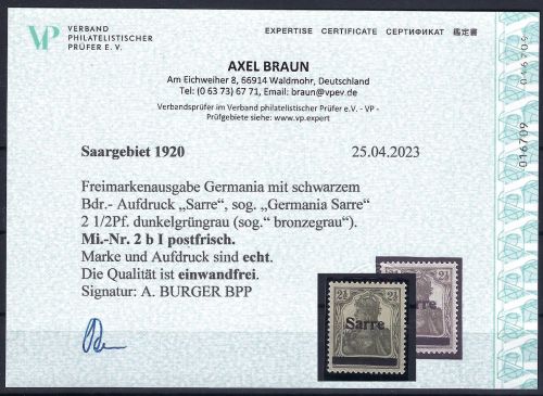 C) Saargebiet Mi 2 b I ** einwandfrei, Befund Braun VP, ME 240€