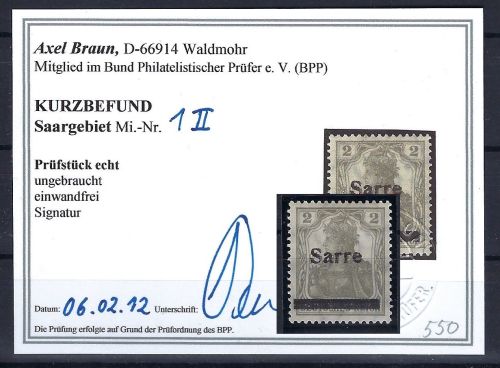 C) Saargebiet Mi 1 II * einwandfrei, KB Braun BPP, ME 200€
