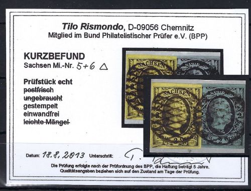 A) Sachsen Mi 5-6 vollrandig auf ∆ einwandfrei, KB Rismondo BPP
