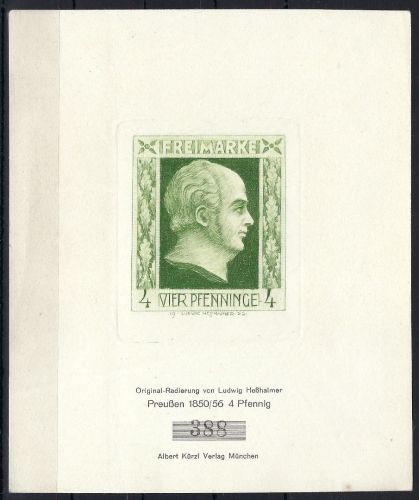 A) Ludwig Heßhaimer, Origi.-Radierung Preußen 1850-56, 4 Pfg., Nr. 388
