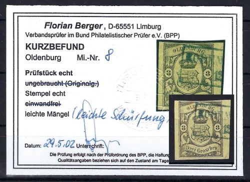 A) Oldenburg Mi 8° voll-breitrandig, KB Berger BPP, ME 750€