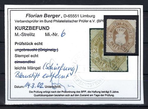 A) Mecklenburg Strelitz Mi 6 ° mit KB Berger BPP, ME 1.600€