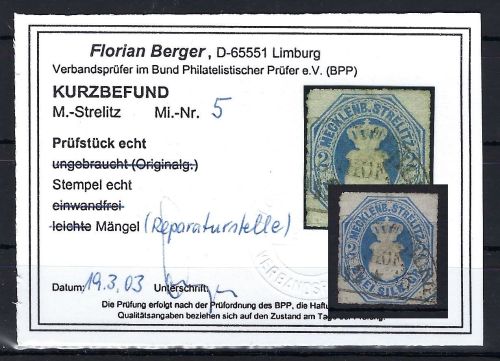 A) Mecklenburg Strelitz Mi 5 ° mit KB Berger BPP, ME 1.000€
