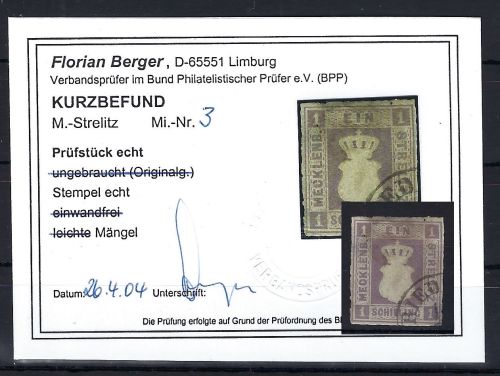 A) Mecklenburg Strelitz Mi 3 ° mit KB Berger BPP, ME 4.000€