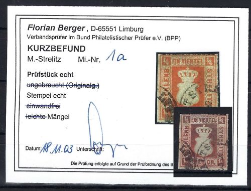 A) Mecklenburg Strelitz Mi 1 a ° mit KB Berger BPP, ME 3.000€